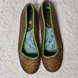 Indigo Womens Flats Brown Slip on Embroidered Ballet Leather Ladies Shoes Size 6